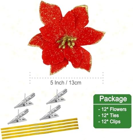 Gardeningwill 12Pcs 5 Inch Glitter Artificial Poinsettia Flowers with Ties for Wedding Christmas Festival Holiday Decor Xmas Wreath Garland Ornament Red