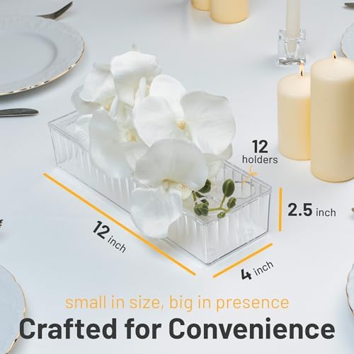 D&D Living 4 Pack Leak-Proof Acrylic Rectangle Vases for Centerpieces - 12" Low-Profile Wave Design Decorative Vases, 12-Hole Flower Grid Insert & Removable Lid for Table Home Decor