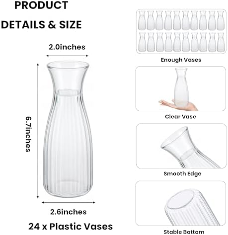 24 Pack Plastic Vases, 7 inch Clear Small Acrylic Flower Vase in Bulk Unbreakable Plastic Vases for Centerpiece Home Table Wedding Decor