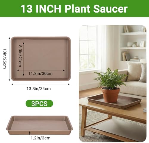GREANER 3 Packs Plant Saucers for Indoors, 13x10 Inch Brown Plastic Tray, Rectangular Planter Trays and Saucers for Potted Plants