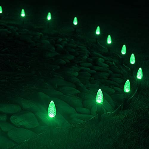 Wintergreen Lighting 25’ OptiCore LED Green Pathway Christmas Lights, C9 Outdoor Christmas Lights, 4.5” Stakes, Green Wire Plug String Lights