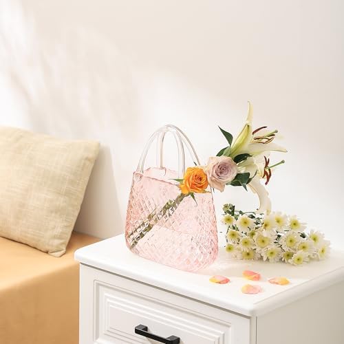 Purse Vase, Glass Bag Vase, Glass Purse Vase for Flowers, Pink Vases, 12 Inch Large Flower Vase with Embossed Pattern for Wedding, Living Room, Bedroom, Table, Office(Round)