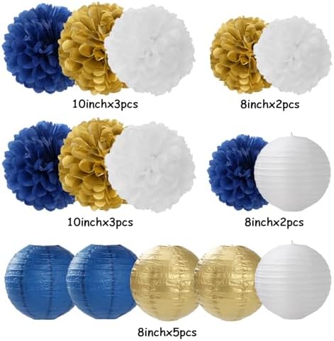 Navy-Blue Gold Party-Decorations Paper-Flowers Lanterns - 15PCS Royal White Baby Bridal Shower Tissue Pom Poms Streamers, Bachelorette Birthday Wedding Graduation Hanging Supplies Decor Hugfond