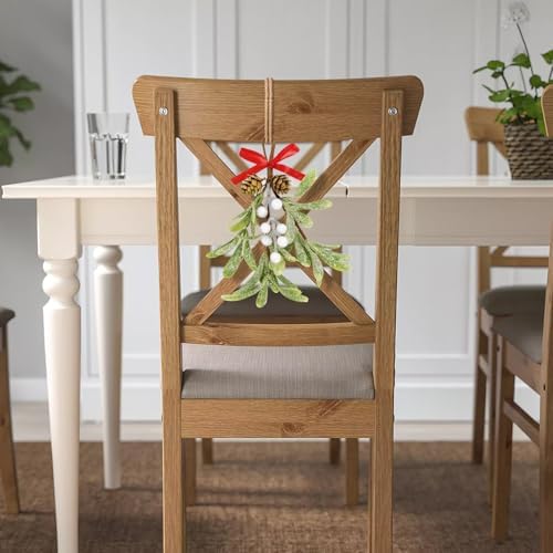 Christmas Mistletoe Decorations Frosted Artificial Mistletoe Ornaments with Bows Berries Pine Cones Snowy Fake Hanging Kissing Plant Stems for Xmas Tree Picks Doorway Holiday Decor (2, White)
