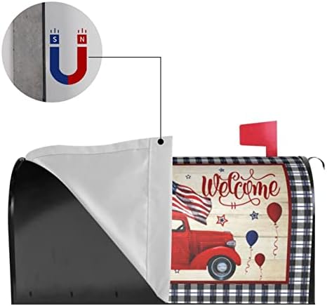 July 4Th Independence Day Mailbox Cover Magnetic Standard Size 18x21 Inch USA Patriotic American Flag Welcome Red Truck Wraps Post Letter Box for Home Garden Yard Decor