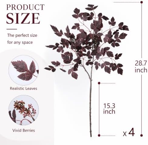 HyeFlora Artificial Cimicifuga Plant Leaf Spray Stems 4PCS Fake Greenery Branches 28.7 in Faux Leaves Real Touch Silk Plants DIY Stem for Vase Festival Home Kitchen Garden Farmhouse Decor (Burgundy)