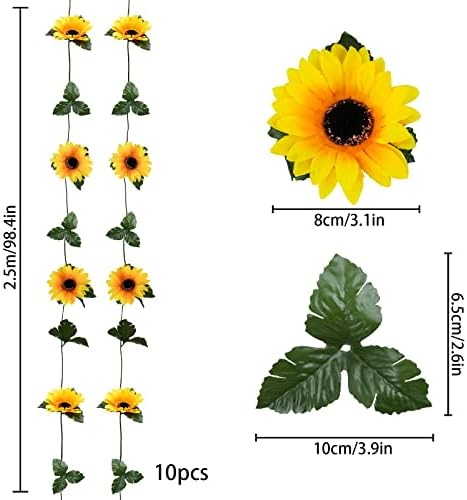 Uieke 10 Pack Artificial Sunflower Garland, 8.2ft/Pcs Silk Sunflowers with Green Leaves, Flowers Vines for Room Home Kitchen Garden Wedding Arch Bridal Baby Shower Party Outdoor Decor