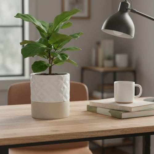 Nihow Ceramic Self Watering Plant Pot for Indoor Plants, 6 Inch,Cream White