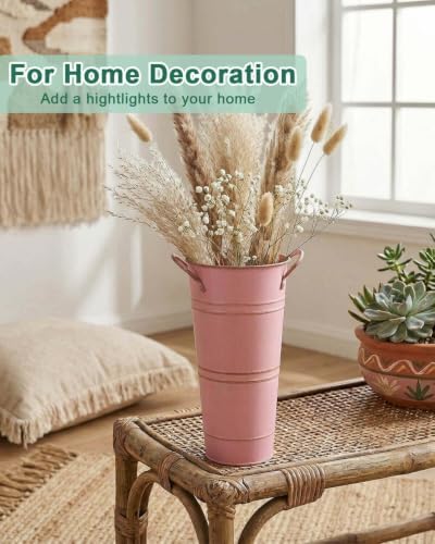 9 Inch Galvanized Flower Bucket, 2 Pack Tabletop Vases for Dried Flowers