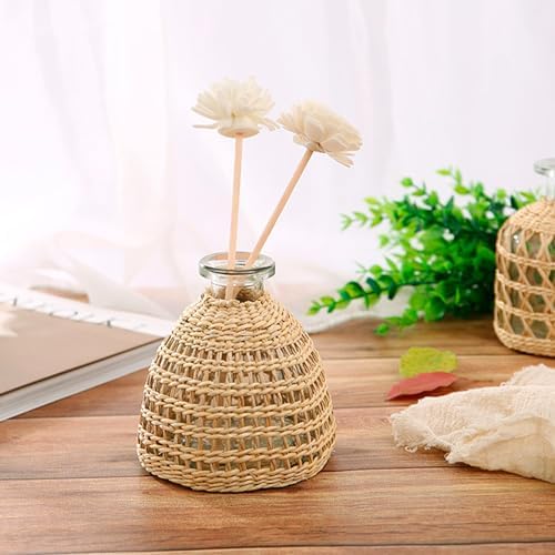 Flower Vases with Rattan Cover, Straw Woven Glass Vase, Rattan Woven Vase Decorative, Glass Flower Vase, Boho Glass Flower Vase, Vase for Home Flower Arrangement Table Decoration, 5.3''X3.5'',D Style