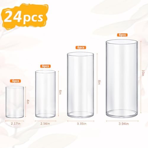 24 Pack Glass Cylinder Vases 4,6,8,10 Inch Tall Clear Flower Vase Hurricane Floating Candle Holder for Table Centerpiece Wedding Home Decor
