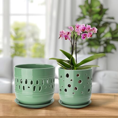 Orchid Pots with Holes, 5+6in Ceramic Orchid Flower Planter 2 Pack