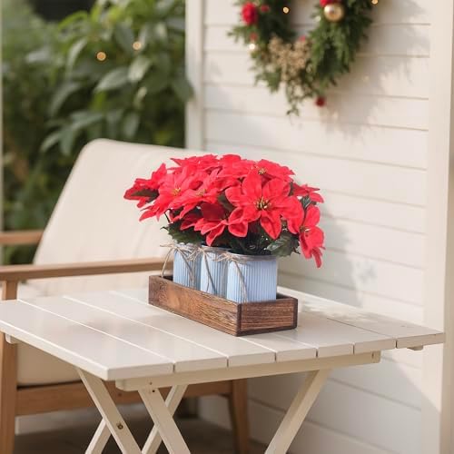 Poinsettia Flowers Artificial Christmas Decorations – 3 Pack Red Poinsettias in Galvanized Metal Pots with Wooden Box, Christmas Centerpiece Table Decorations for Home, Gifts & Office Party