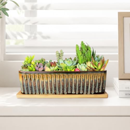 Succulent Pots, 12'' Long Rectangle Planters with Tray, Windowsill Planter