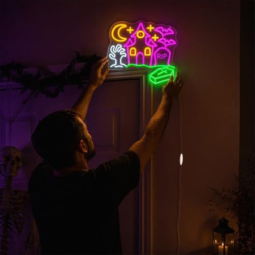 Halloween Neon Sign,Haunted House Decor,L Shaped,12.9x12.9inch,USB Powered