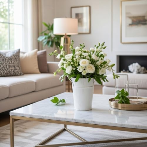 Hosley Set of 2 White Wash Finish Bucket/Pot Vase with PVC Liner, 5" Dia x 7" H Ideal Gift for Floral Arrangements Wedding Home Office Party DIY Indoor Outdoor Garden Patio (Pack of 2)