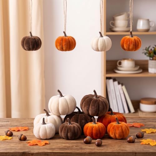 27Pcs Artificial Velvet Pumpkins Maple Leaves Acorns Fall Decor