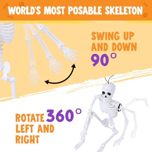 JOYIN 5 PCS 16" Blacklight Reactive Halloween Skeleton, Small Skeleton Decor, Full Body Posable Joint Hanging Skeleton for Halloween Decoration, Graveyard Prop, Haunted House, Spooky Scene Party Favor
