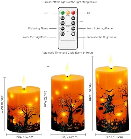 Sasigeiaa Halloween Flameless Candles with Remote - Orange LED Candles & String Lights, Battery Operated Set of 3 (D3 x H4/5"/6") for Window Decor, Halloween Decoration,Living Room Decoration