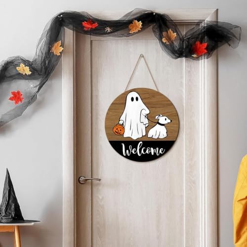 Halloween Ghost Walking Dog Door Sign Decorations Round Welcome Wood Wreath