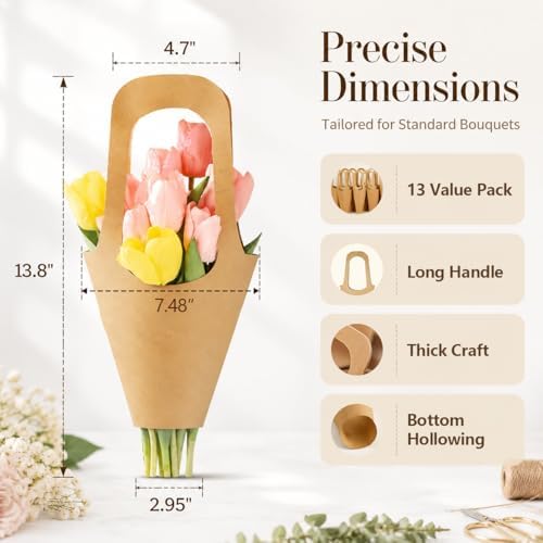 RAINFLOW Flower Paper Bags - 13 PCS Thick Kraft Paper Flower Bouquet Holder
