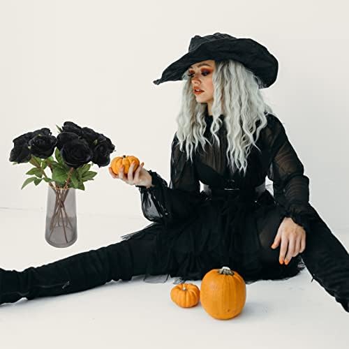 Hananona Black Artificial Roses for Flower Arrangement, 12 Pcs Silk Black Roses Bouquet for Halloween Home Decoration, Faux Black Roses for Halloween and Gothic Decoration