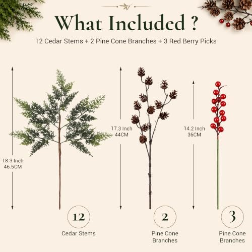 12 Artificial Cedar Stems, 17.5", with 2 Pine Cone Sprays and 3 Berry Picks