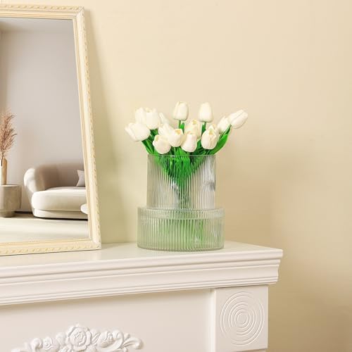 Ribbed Glass Vase, Large Glass Vase for Flowers, Fluted Glass Vases, Clear Glass Vases for Living Room, Office, Dining Table, Entryway, Mantle, Shelf, Wedding, 9 Inches