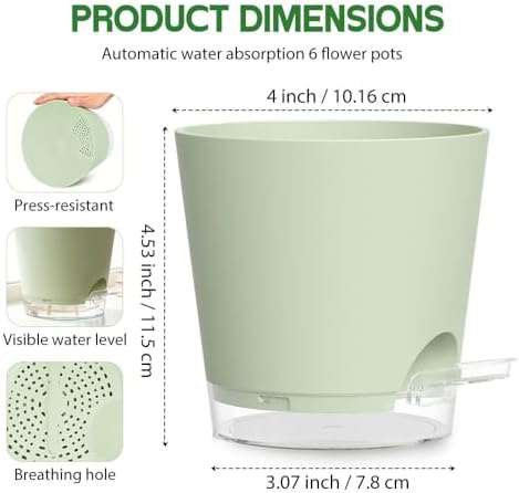 Self Watering Pots for Plants, 2026 New Flower Plant Pots with Drainage Holes, Wicking and Clear Reservoirs for Succulent, Aloe, Cacti and Others - 6 Pack (Green, 4")