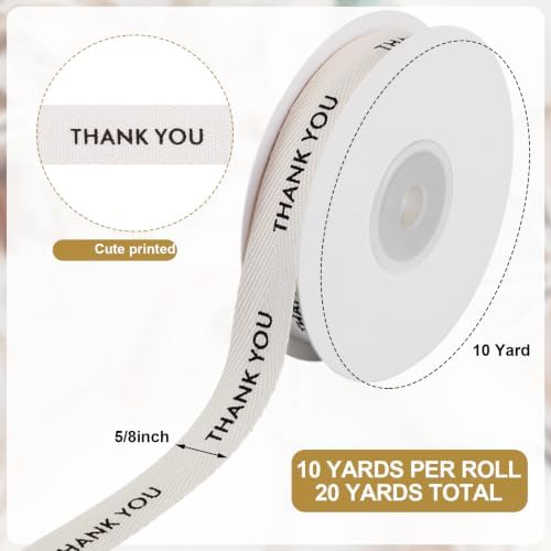 Wavwavw 20 Yards Thank You Cotton Ribbon, Natural 5/8 Inch 100% Cotton Herringbone Twill Ribbon for Crafts Gift Wrapping Holiday Birthday Decorations, 2 Rolls