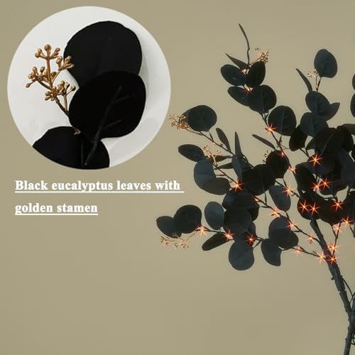 Hairui Lighted Black Eucalyptus Branches with Timer 80 LED Orange and Warm White Fairy Lights, Halloween Tree Branches with Lights 32 in with 10 Functions for Home Fall Halloween Decoration