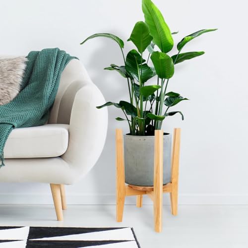 2 Packs Adjustable Plant Stand with Tray,Indoor Wood Plant Stand Fit 8'' to 12'' Planter,Mid Century Modern Flower Pot Holder Rack(Plant and Pot Not Included) Natural