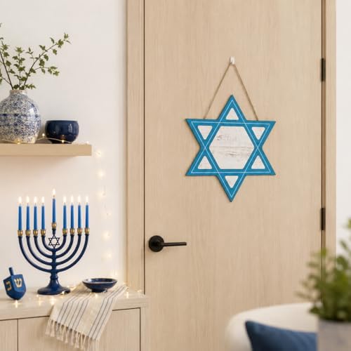 Smile Rosh Hashanah Wooden Door Hanger, Star of David Front Door Sign for Jewish New Year Home Decor