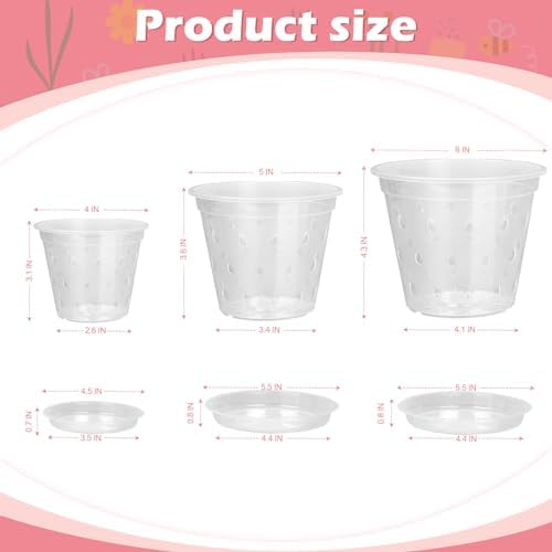 FUIJOL Orchid Pot, 6 Pack 456 Inch Clear Orchid Pots with Holes and Saucers for Repotting, Breathable Slotted Plastic Orchid Planters with Drainage for Root Health Indoor Outdoor