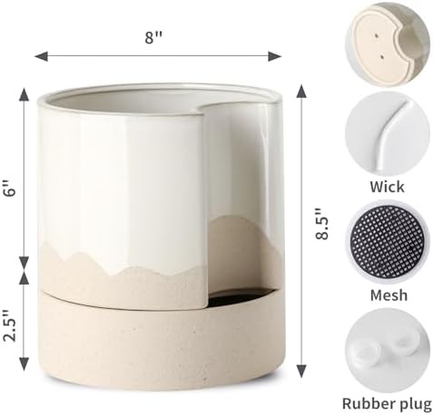 Nihow Ceramic Self Watering Plant Pot for Indoor Plants,8 Inch,White & Wave