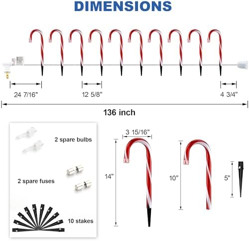 10" Candy Cane Pathway Lights, 10-Pack Christmas Stake Lights for Outdoor