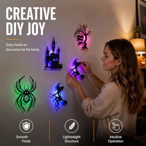 Halloween LED Wall Decor Lights 3D Bat Witch Stickers Window Clings (X3)