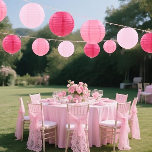 Pink Paper Lanterns Decorative, Pink Hanging Round Paper Lanterns for Wedding Bridal Baby Shower Valentines Day Gender Reveal (9 PCS)