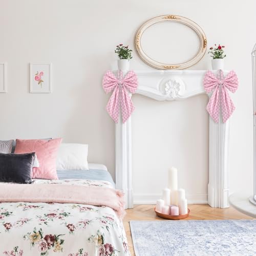 Suncalla 2 Pcs Pink Christmas Checkered Wreath Bows 18'' x 12''