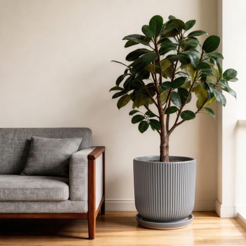 Deep Dream 10 Inch Ceramic Pots for Plants, Heavy Plant Pot for Indoor Outdoor Plants, Large Plant Pot with Drainage Hole and Saucer, Modern Tall Flower Pot, Gifts for Plant Lovers, Grey