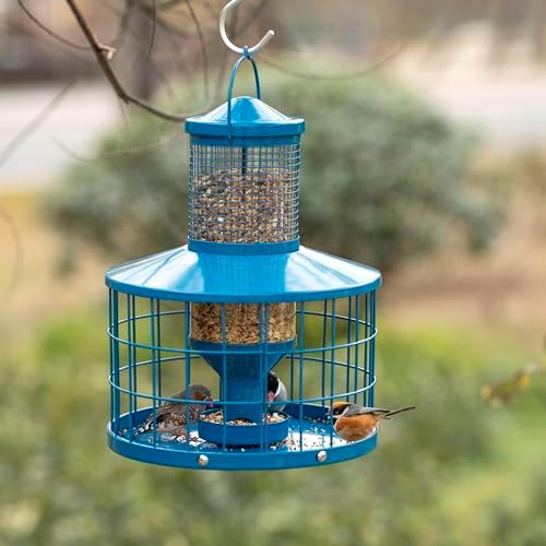 Caged Bird Feeders Squirrel-Proof, Metal, 2.8 Lbs Capacity-Cage Tube Seed Feeders with Tray Outdoor Hanging, Attract Birds,Detachable Cleaning, Starling Proof Wild Bird Feeder（Blue）
