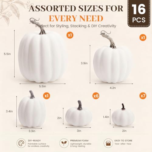 DomeStar 16 PCS White Fake Pumpkins for Decorating, Faux Pumpkins