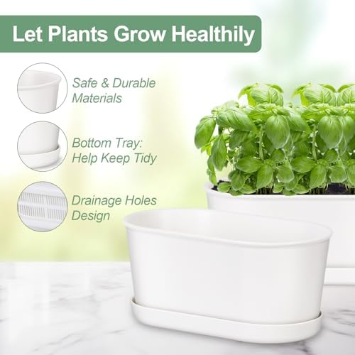 Oliz Set of 4 White Oval Window Sill Planters with Drainage Holes and Trays（7 Inch） for Herbs Basil Orchids Succulents, Modern Herb Garden Planter for Indoor/Outdoor Plants