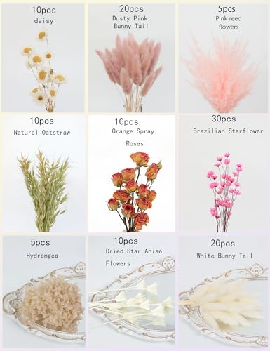 xin's convey DIY Natural Dried Flower Set for Vase, Bulk Boho Dried Flowers with Stems,Fall Decor, Mini Flower Arrangements.(Pink)