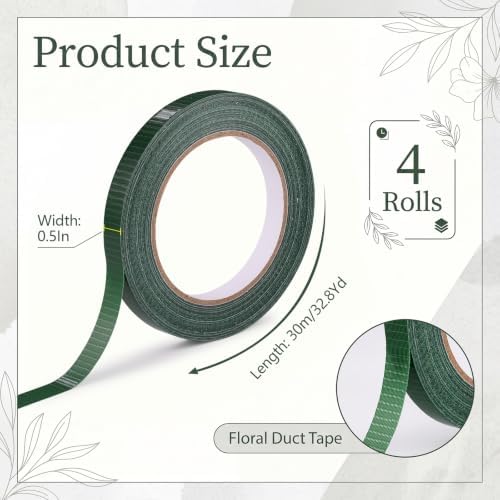 Prudiut 4 Roll Green Floral Tape Waterproof Florist Tape, 1/2" Wide Flower Wrap Tape Floral Tape Bulk for Fresh Flower Bouquet Wrap Flower Arrangements Crafts (98Ft/30Yd)