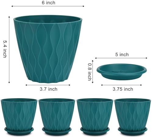 YNNICO 6 inch Plant Pots, 5 Pack Flower Pots Outdoor Indoor, Planters with Drainage Hole and Tray Saucer(Blue