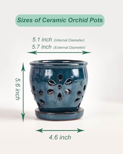vensovo 5 Inch Ceramic Orchid Pot with Holes and Saucer, Blue