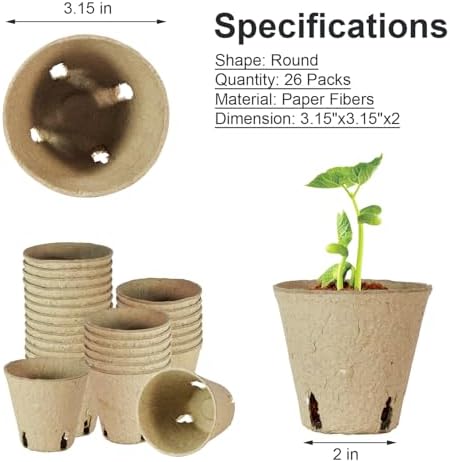 26 Pcs Peat Pots, Biodegradable Pots for Seedlings with Drain Holes, Garden Plant Nursery Pots for Plants, Vegetables,Fruits and Herb (26)