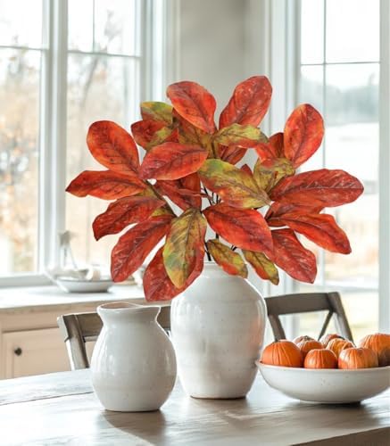 Fake Fall Leaves Stem Artificial Magnolia Autumn Foliage Branches Orange