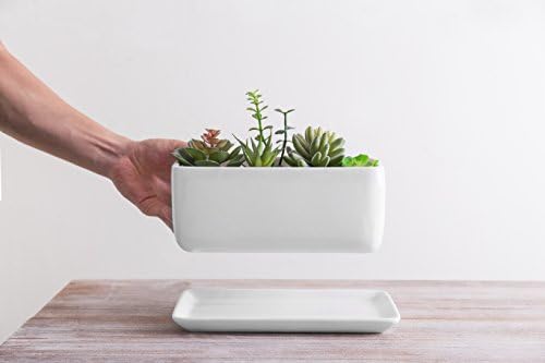 MyGift 10 Inch Modern Unglazed White Ceramic Indoor Plant Pot with Drainage Hole, Rectangular Succulent Planter Window Box with Removable Saucer, 1 Pack